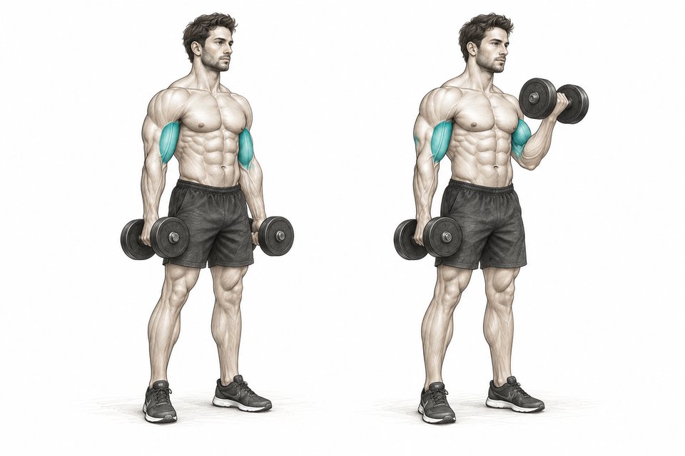 Realistic exercise illustration of Barbell Curl highlighting Biceps, Brachialis, Forearms with proper exercise form.