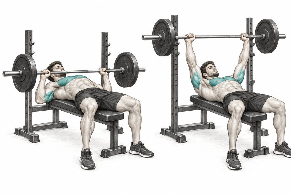 Realistic exercise illustration of Paused Bench Press highlighting Chest, Front shoulders, Triceps with proper exercise form.