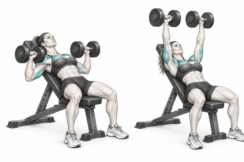 Realistic exercise illustration of Incline Bench Press highlighting Chest, Front shoulders, Triceps with proper exercise form.