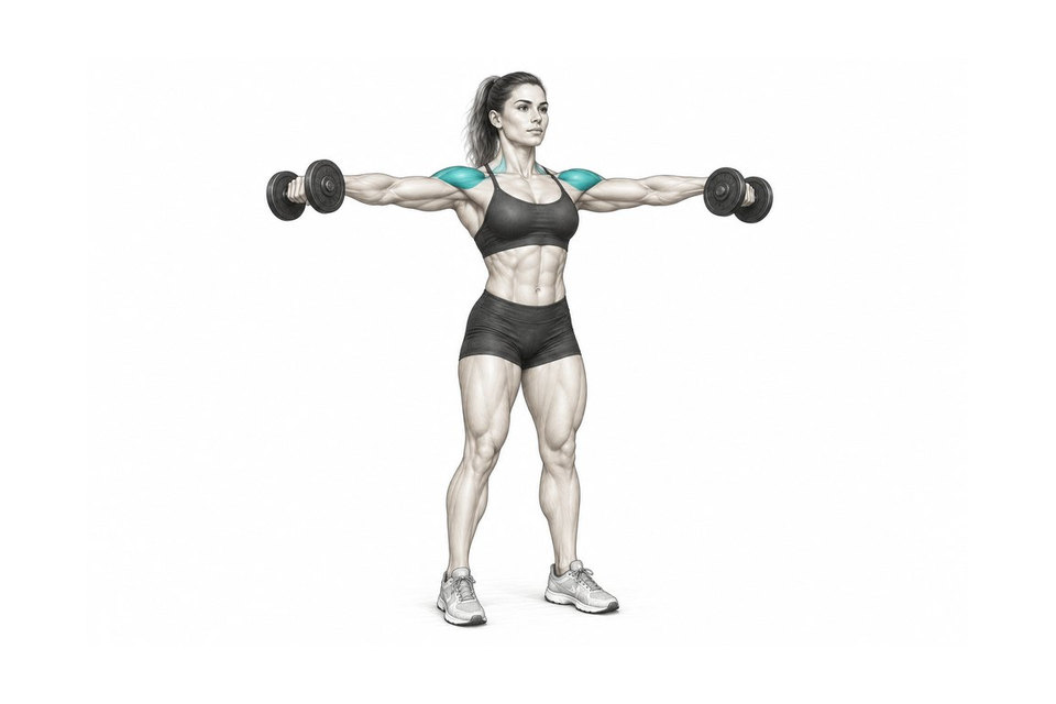 Realistic exercise illustration of Dumbbell Lateral Raise highlighting Side delts with proper exercise form.